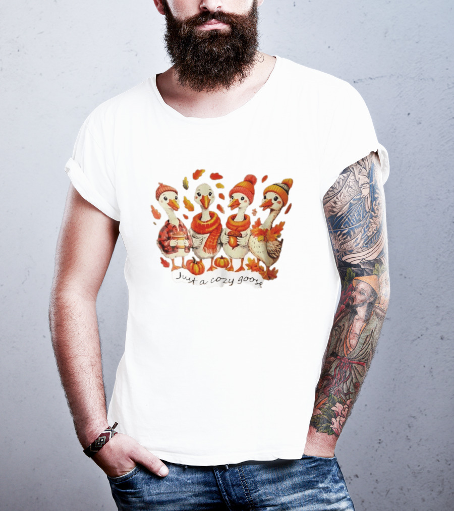 Cozy Goose Autumn Theme Four Cartoon Birds Leaves Pumpkins T-Shirt