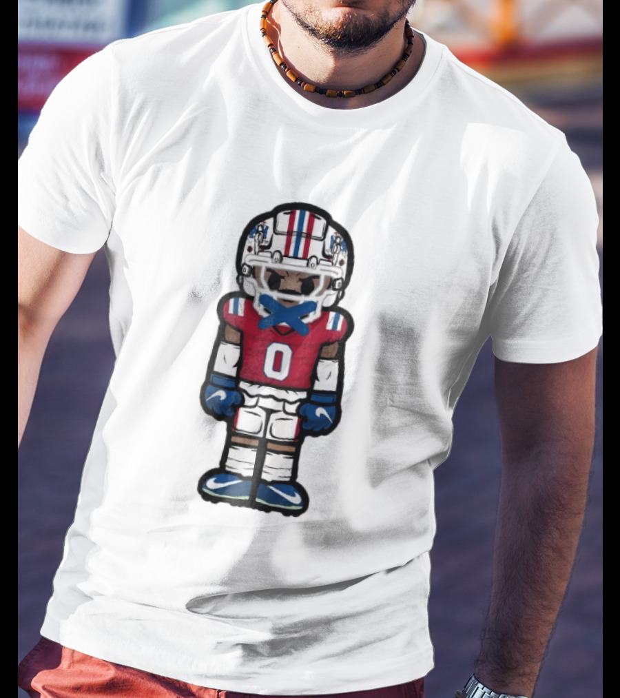 New England Patriots Cartoon Caricature Football Player Red Jersey Number 0 Helmet And Gloves T-Shirt