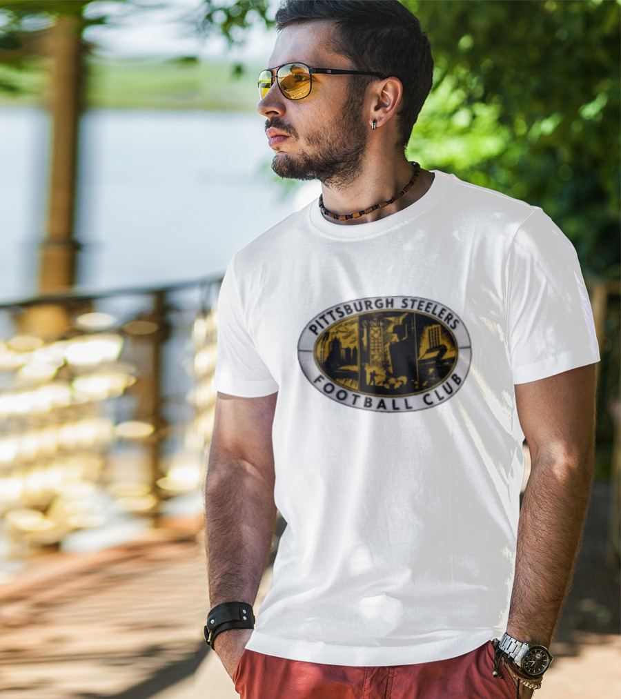 Pittsburgh Steelers Football Club Distressed Oval Emblem Cityscape T-Shirt