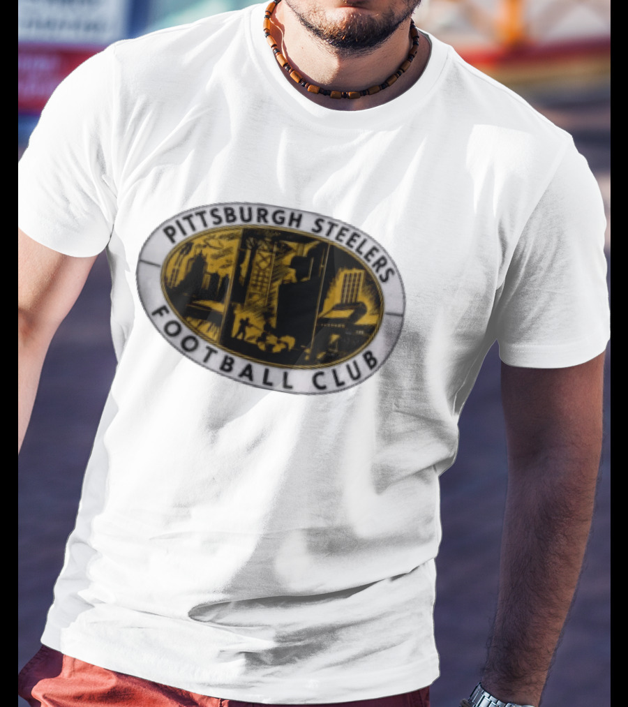 Pittsburgh Steelers Football Club Distressed Oval Emblem Cityscape T-Shirt