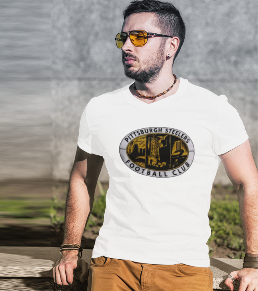 Pittsburgh Steelers Football Club Distressed Oval Emblem Cityscape T-Shirt