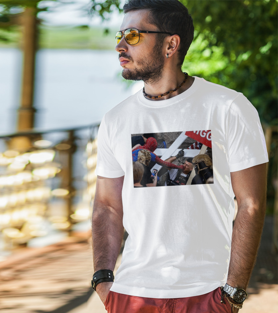 Spiderman Punch A Nazi Protest Scene With Cross And American Flag T-Shirt