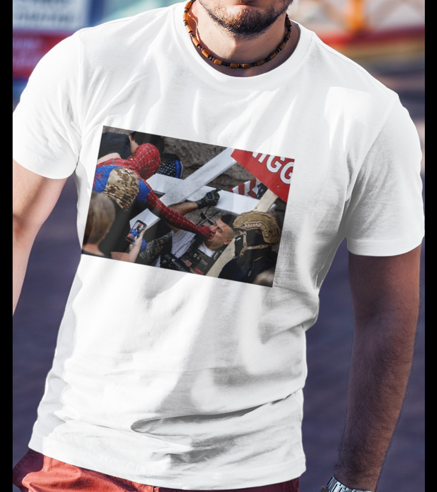 Spiderman Punch A Nazi Protest Scene With Cross And American Flag T-Shirt
