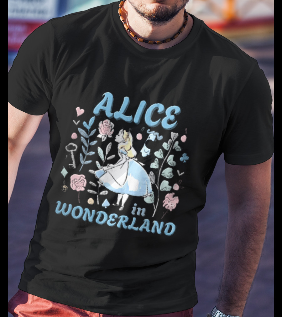 Alice In Wonderland Floral Wonderland With Alice Smelling Flowers T-Shirt