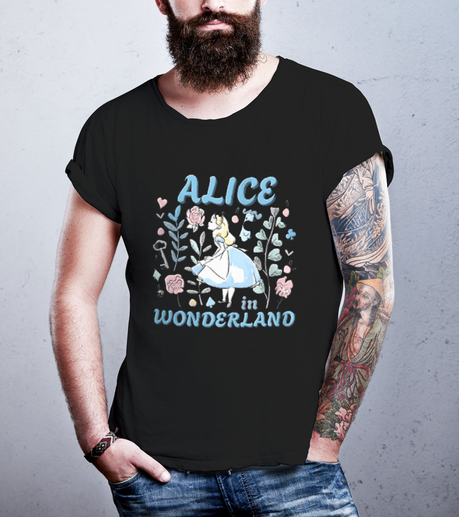 Alice In Wonderland Floral Wonderland With Alice Smelling Flowers T-Shirt