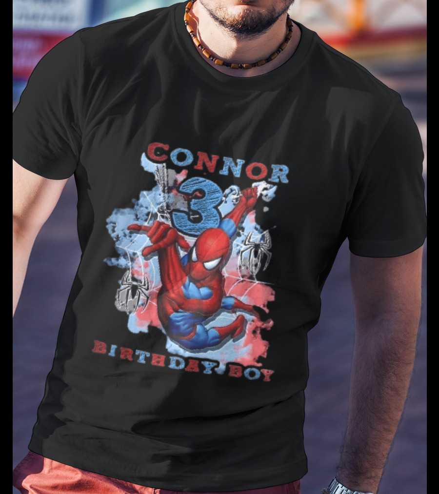 Connor 3 Birthday Boy Spider Man Web Slinging Cartoon T-Shirt
