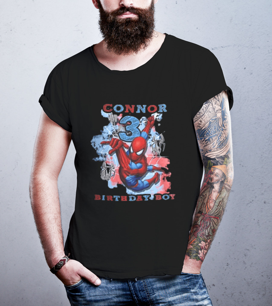 Connor 3 Birthday Boy Spider Man Web Slinging Cartoon T-Shirt