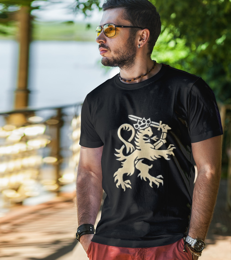 Heraldic Gold Rampant Lion With Crown Sword And Brass Knuckles T-Shirt