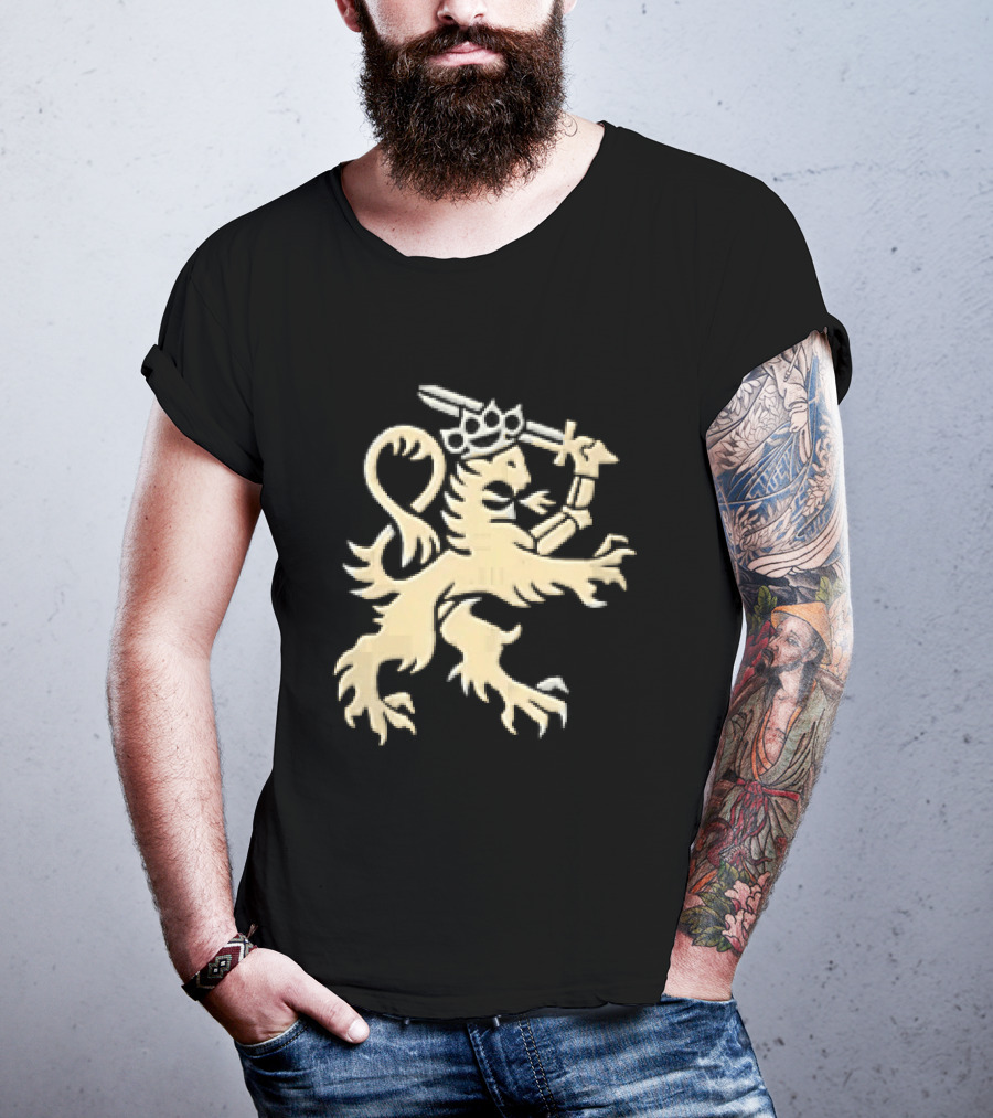 Heraldic Gold Rampant Lion With Crown Sword And Brass Knuckles T-Shirt