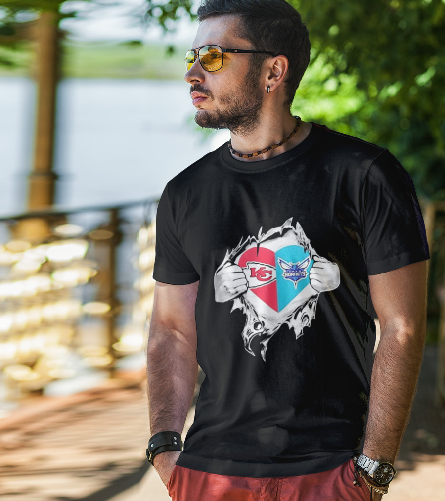 Kansas City Chiefs Charlotte Hornets Heart Hands Ripping Open T-Shirt