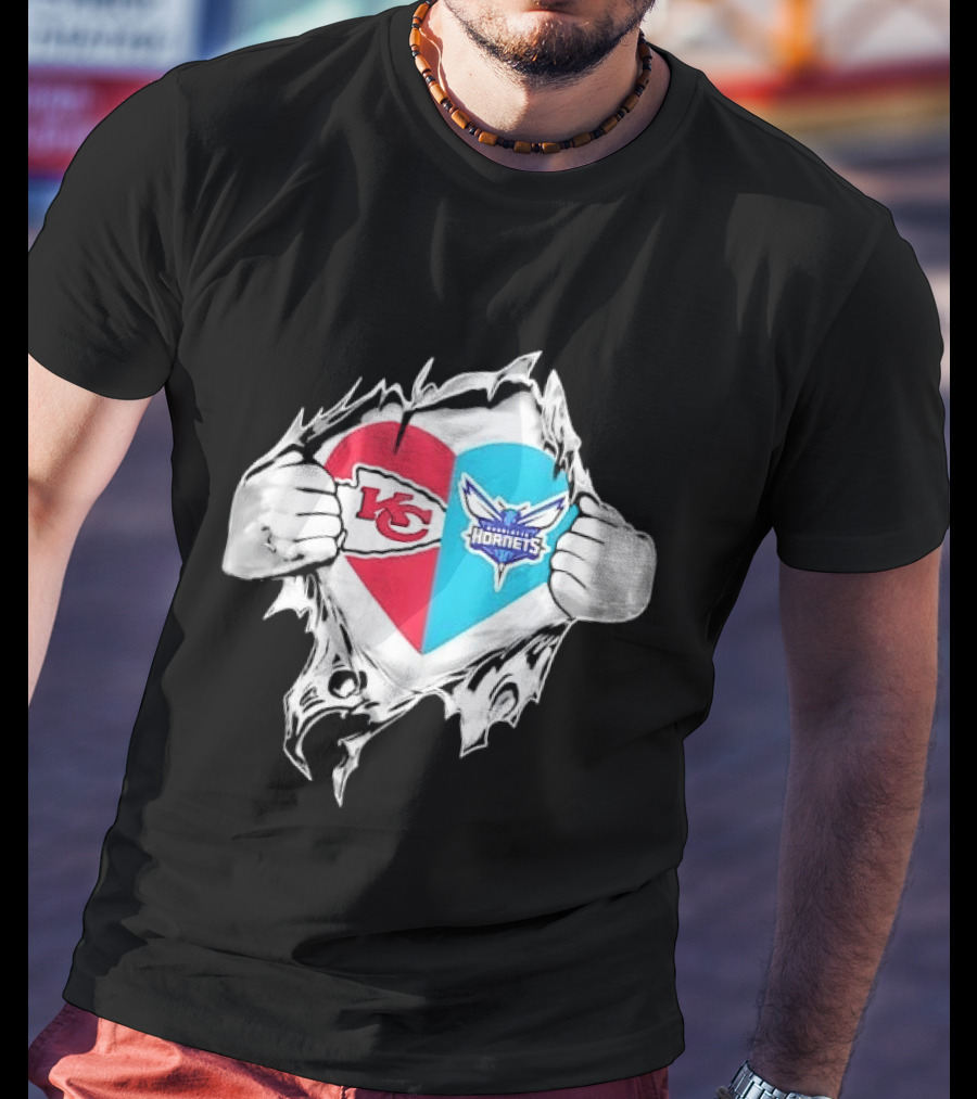 Kansas City Chiefs Charlotte Hornets Heart Hands Ripping Open T-Shirt