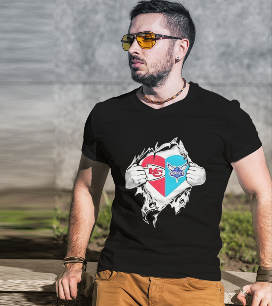 Kansas City Chiefs Charlotte Hornets Heart Hands Ripping Open T-Shirt