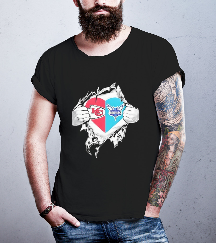 Kansas City Chiefs Charlotte Hornets Heart Hands Ripping Open T-Shirt