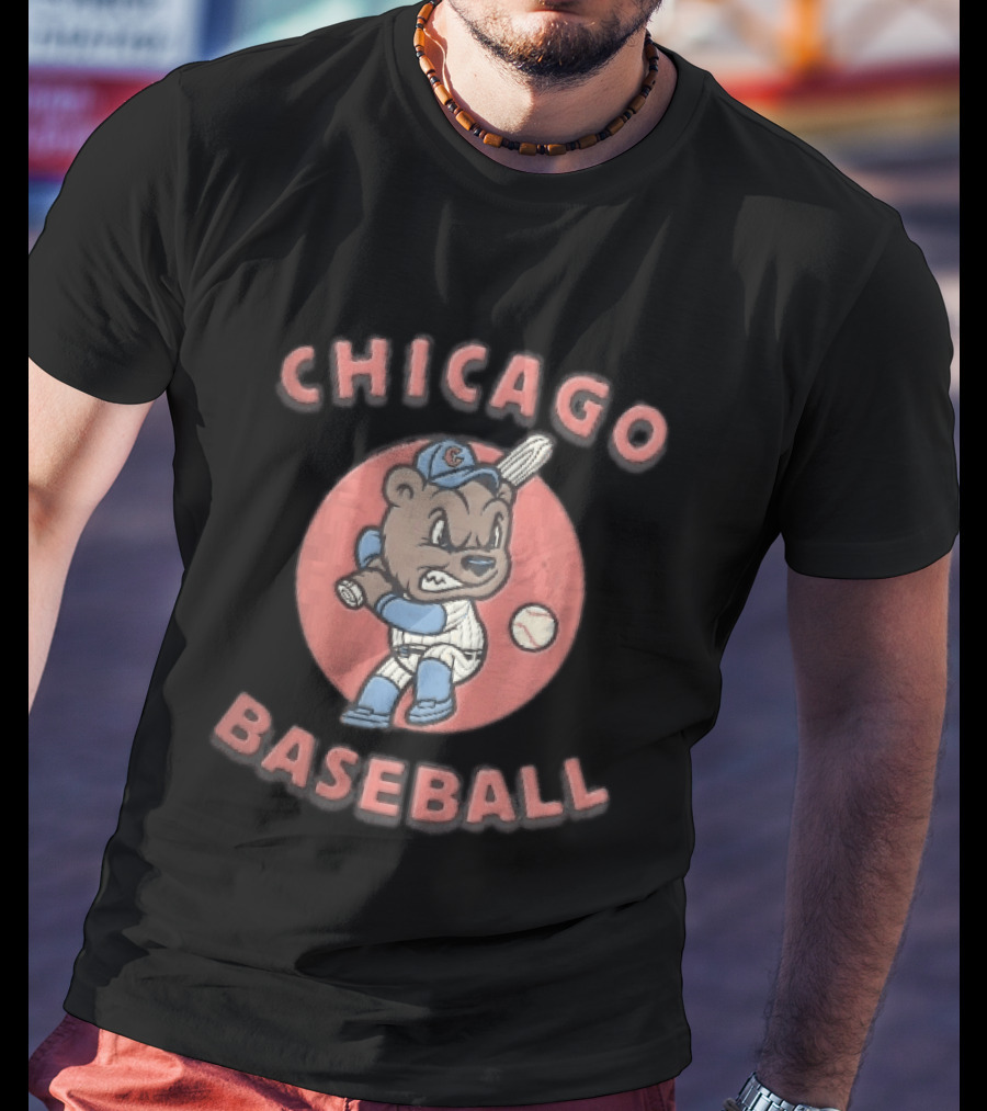 Chicago Cubs Baseball Bear Swinging Bat Cartoon T-Shirt