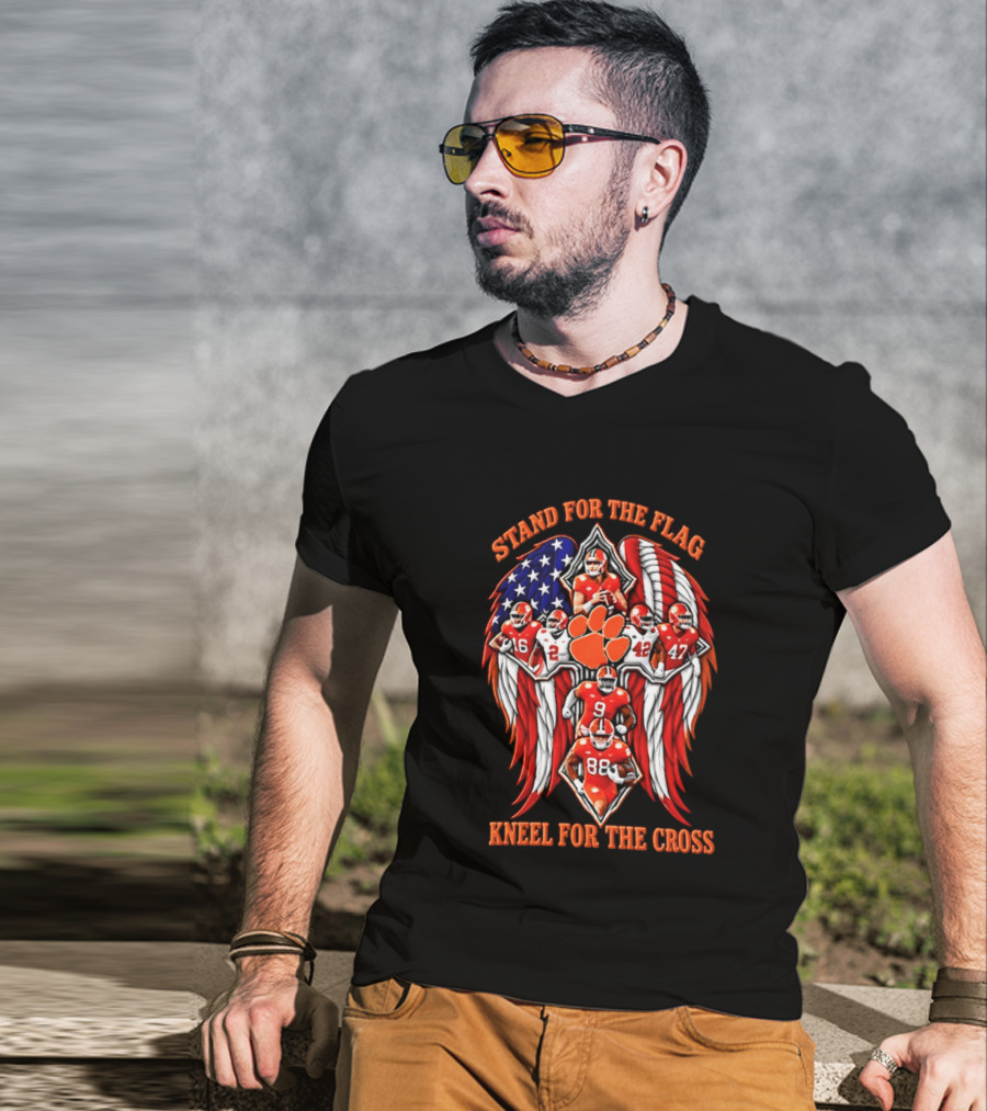Clemson Tigers Stand For The Flag Kneel For The Cross 2026 American Flag Football Paw T-Shirt