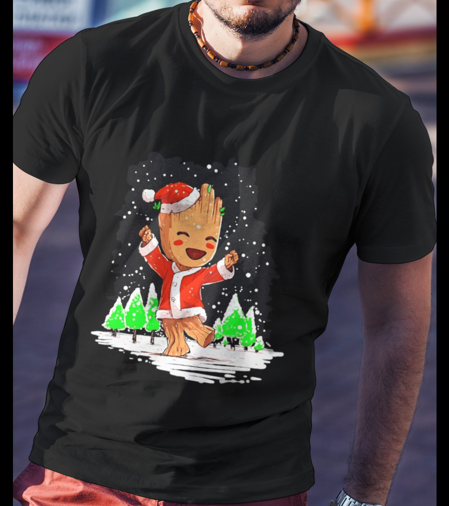 Dancing Santa Groot Christmas Trees Snow Scene T-Shirt