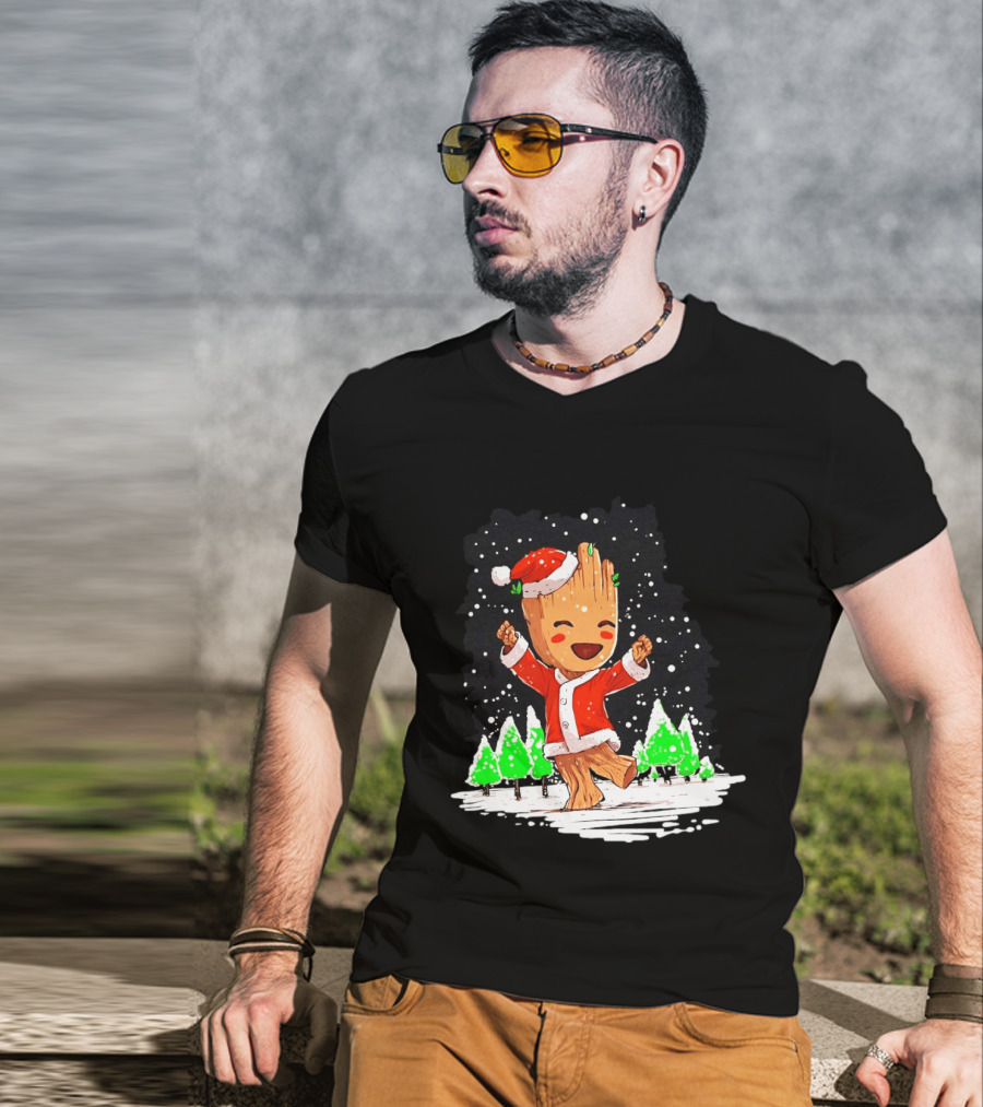 Dancing Santa Groot Christmas Trees Snow Scene T-Shirt