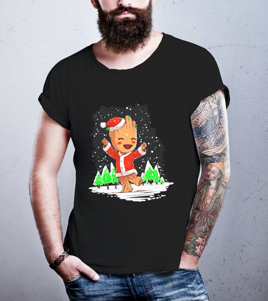 Dancing Santa Groot Christmas Trees Snow Scene T-Shirt