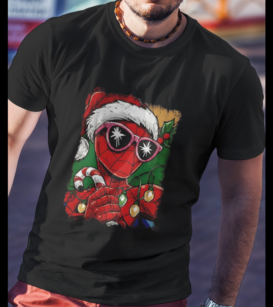 Marvel Spider Man Christmas Santa Candy Cane Festive Lights T-Shirt