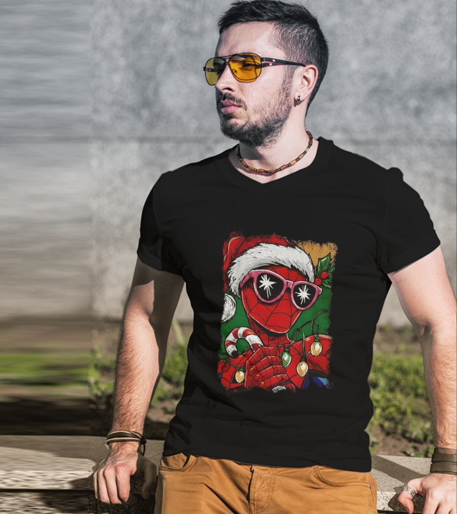 Marvel Spider Man Christmas Santa Candy Cane Festive Lights T-Shirt