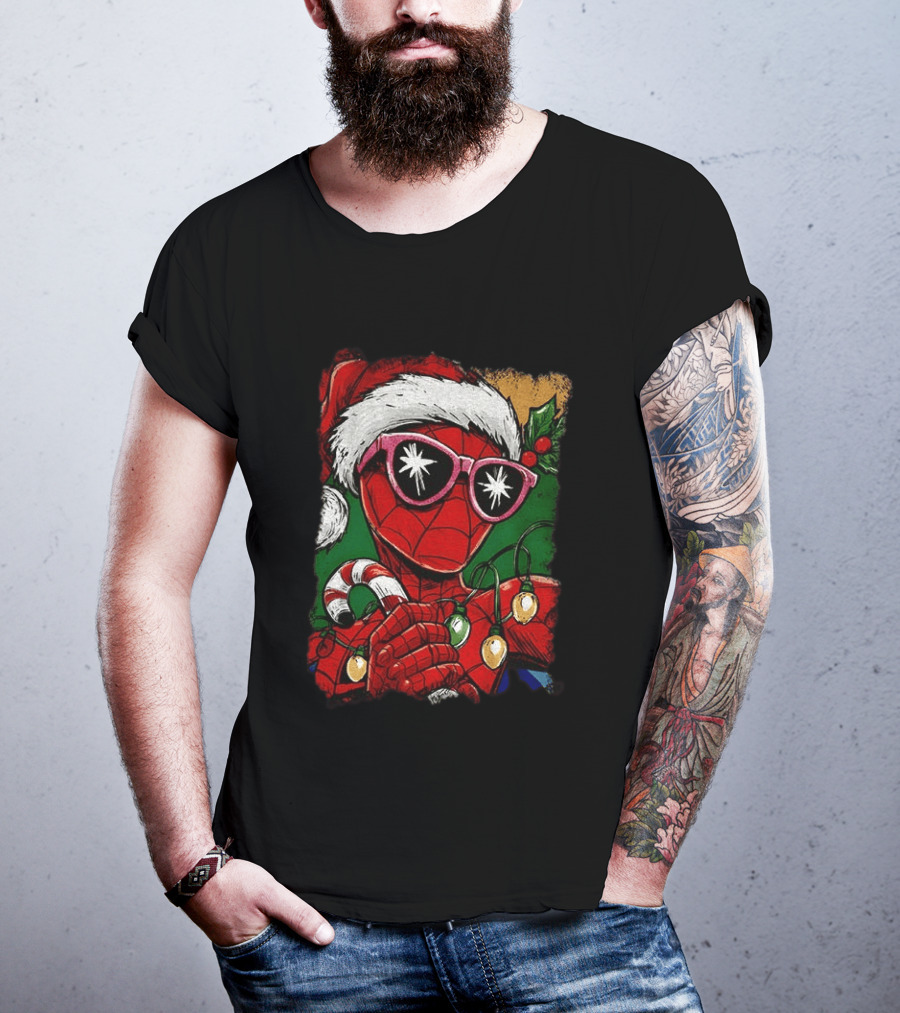 Marvel Spider Man Christmas Santa Candy Cane Festive Lights T-Shirt