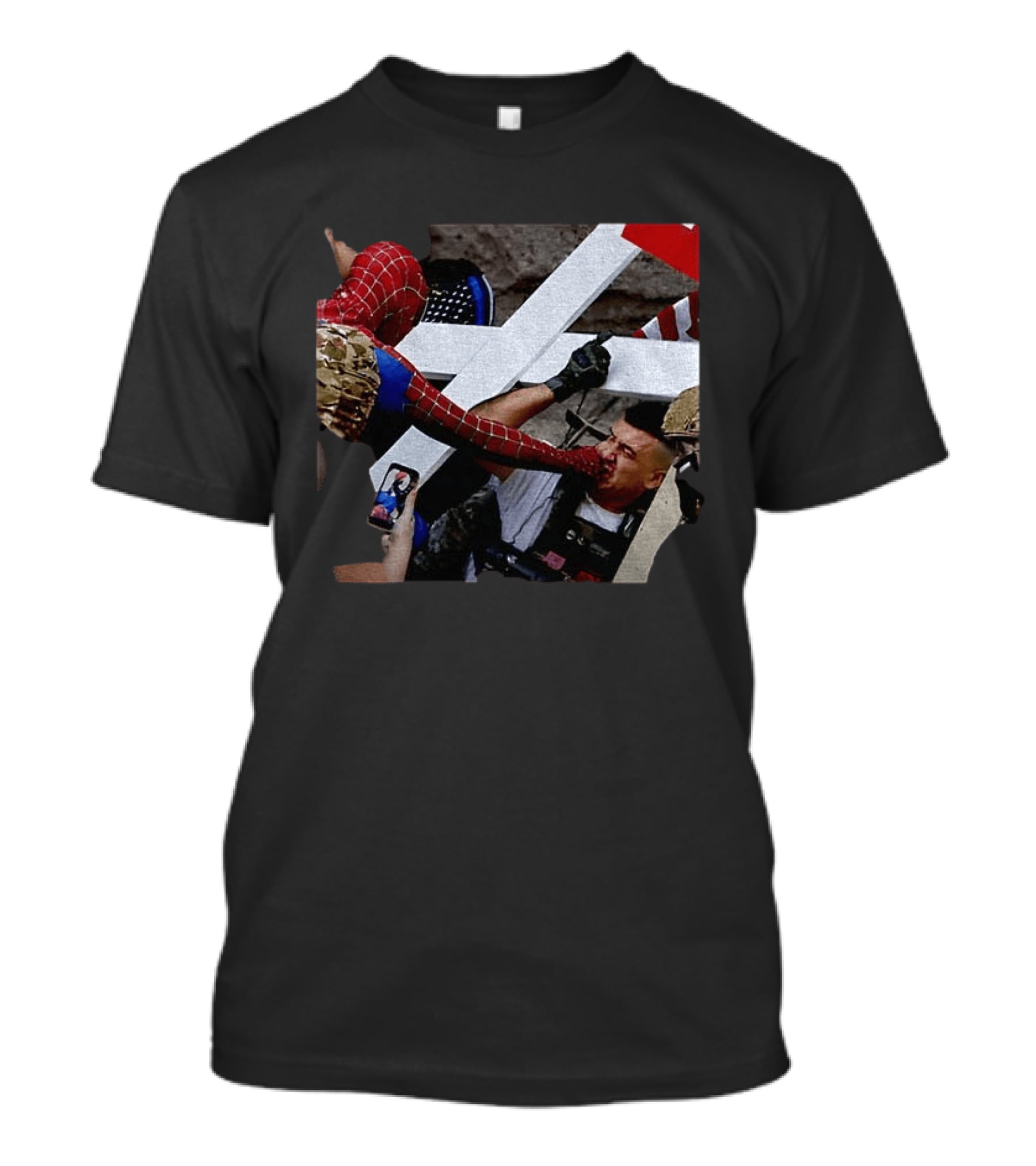 Minneapolis Spider Man Punching Protest Collage With American Flag And Cross T-Shirt