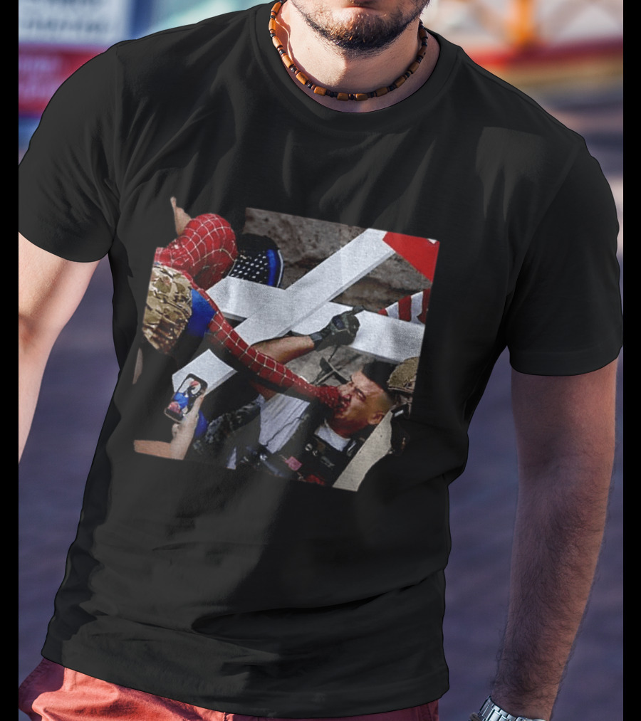 Minneapolis Spider Man Punching Protest Collage With American Flag And Cross T-Shirt