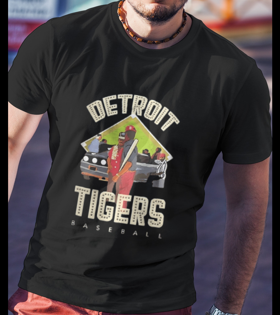 Detroit Tigers Baseball Figures Convertible Car And Bat Scene T-Shirt