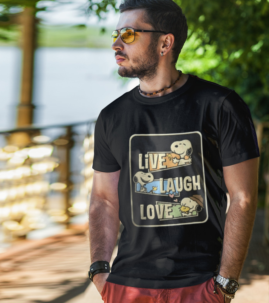 Live Laugh Love Peanuts Snoopy Woodstock Hugging Panels T-Shirt