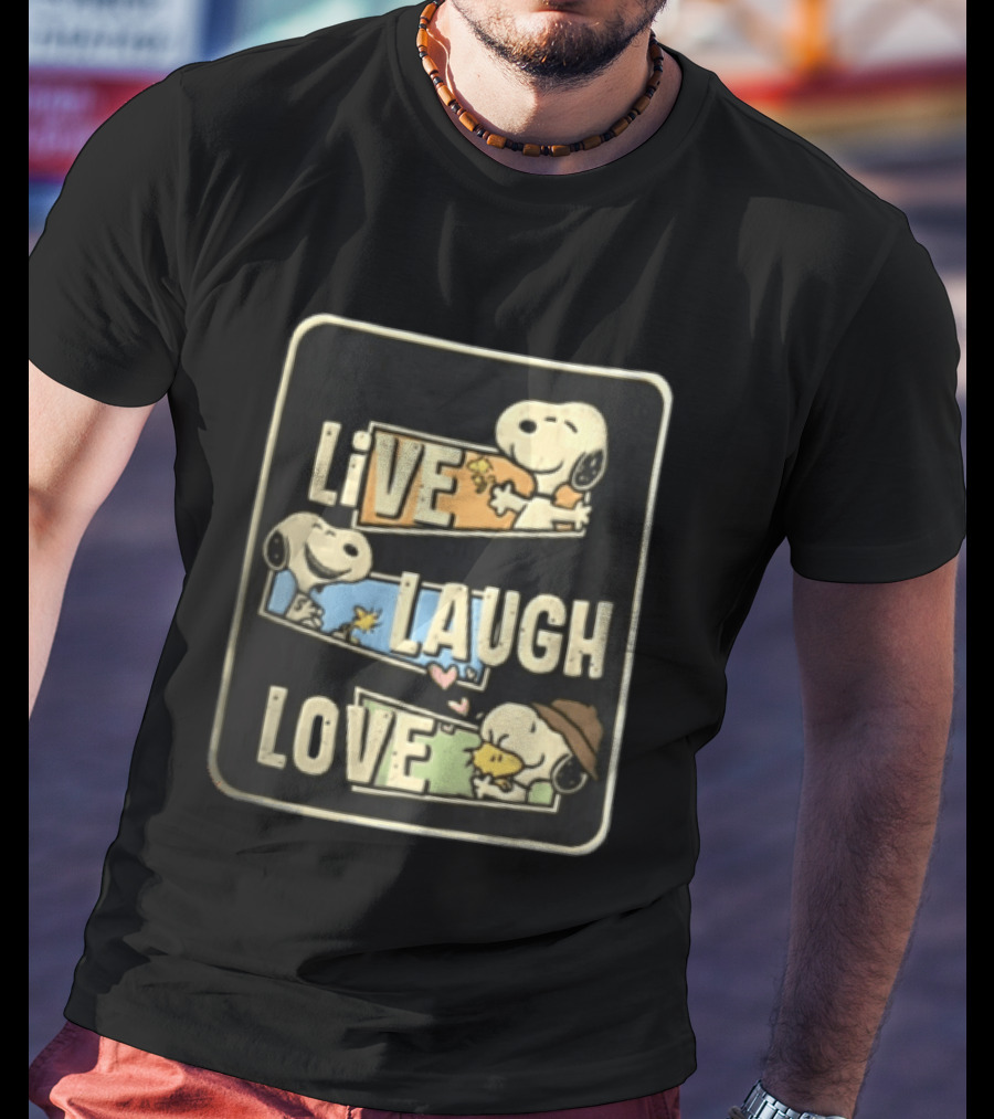 Live Laugh Love Peanuts Snoopy Woodstock Hugging Panels T-Shirt