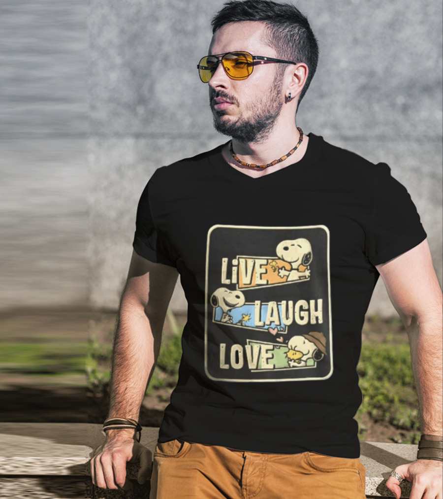 Live Laugh Love Peanuts Snoopy Woodstock Hugging Panels T-Shirt