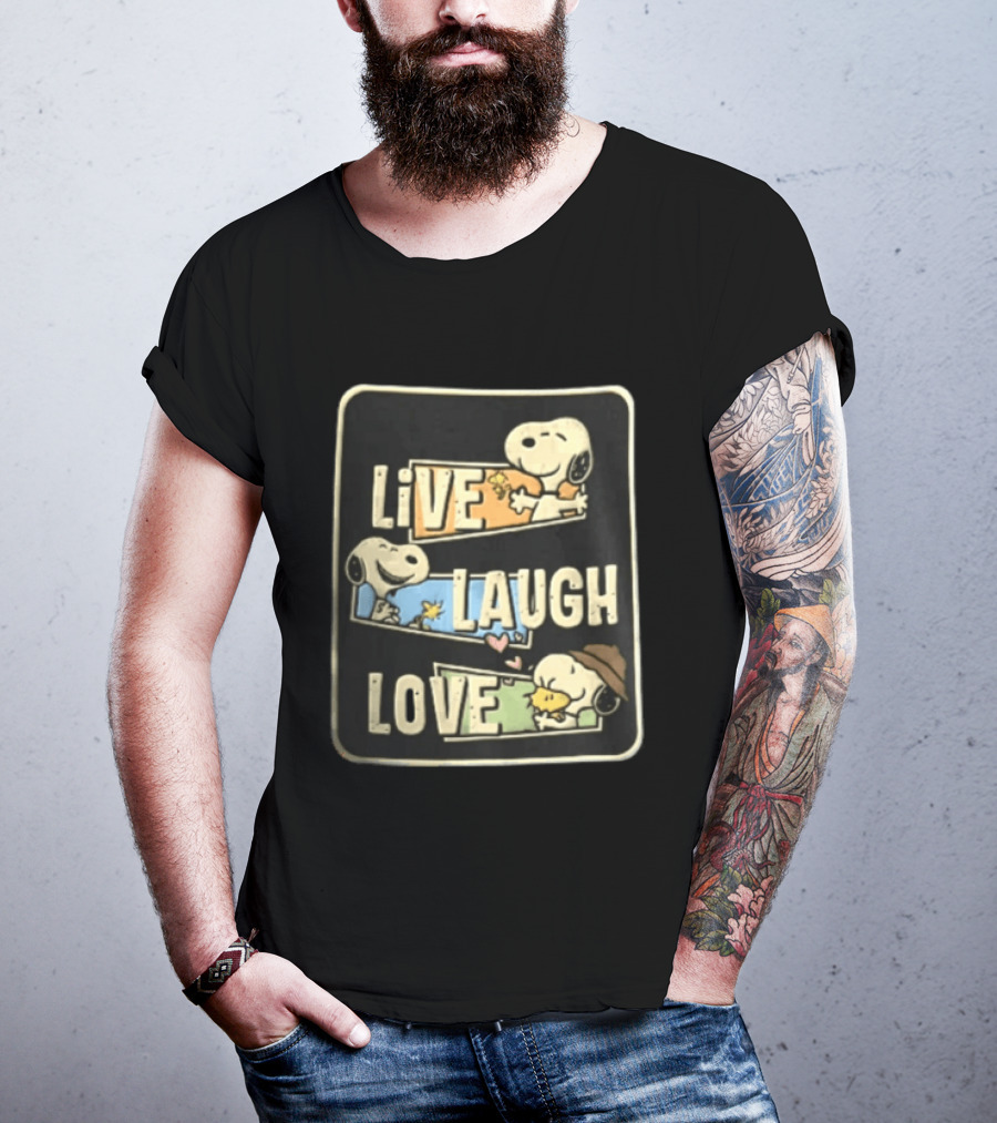 Live Laugh Love Peanuts Snoopy Woodstock Hugging Panels T-Shirt