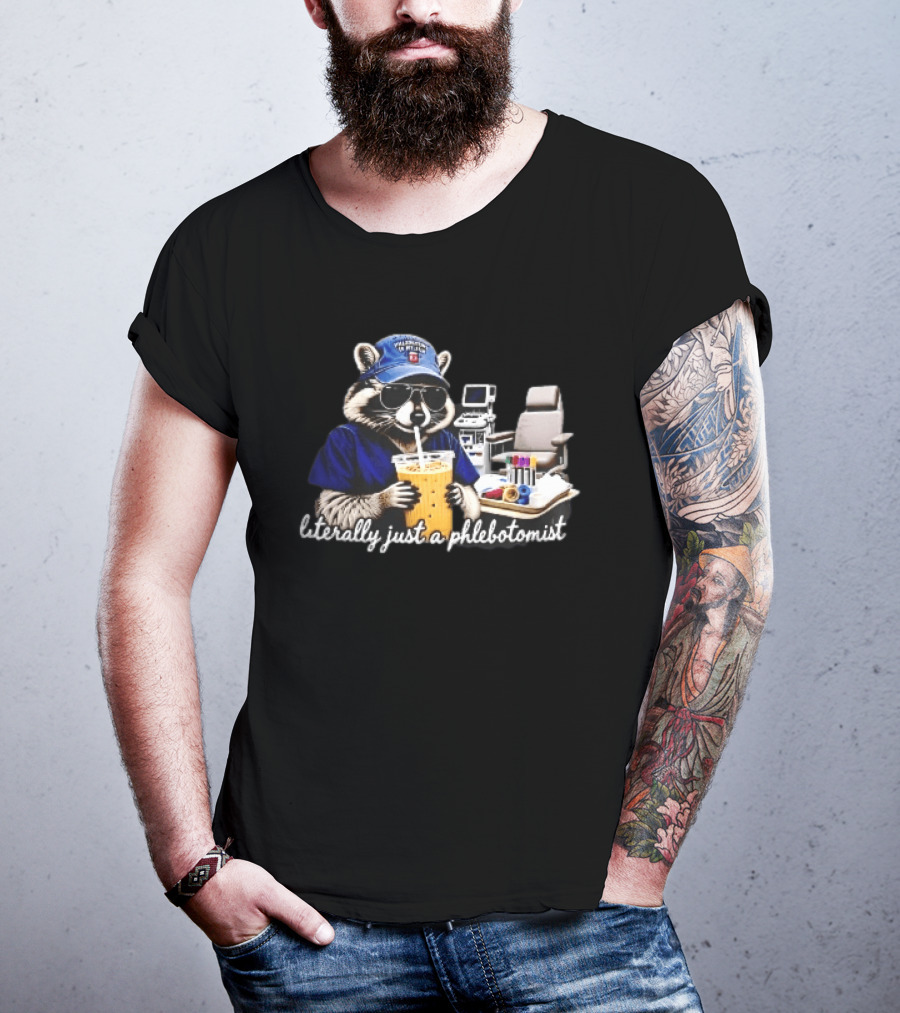 Raccoon Phlebotomist In Scrubs Sipping Drink With Blood Collection Tubes T-Shirt