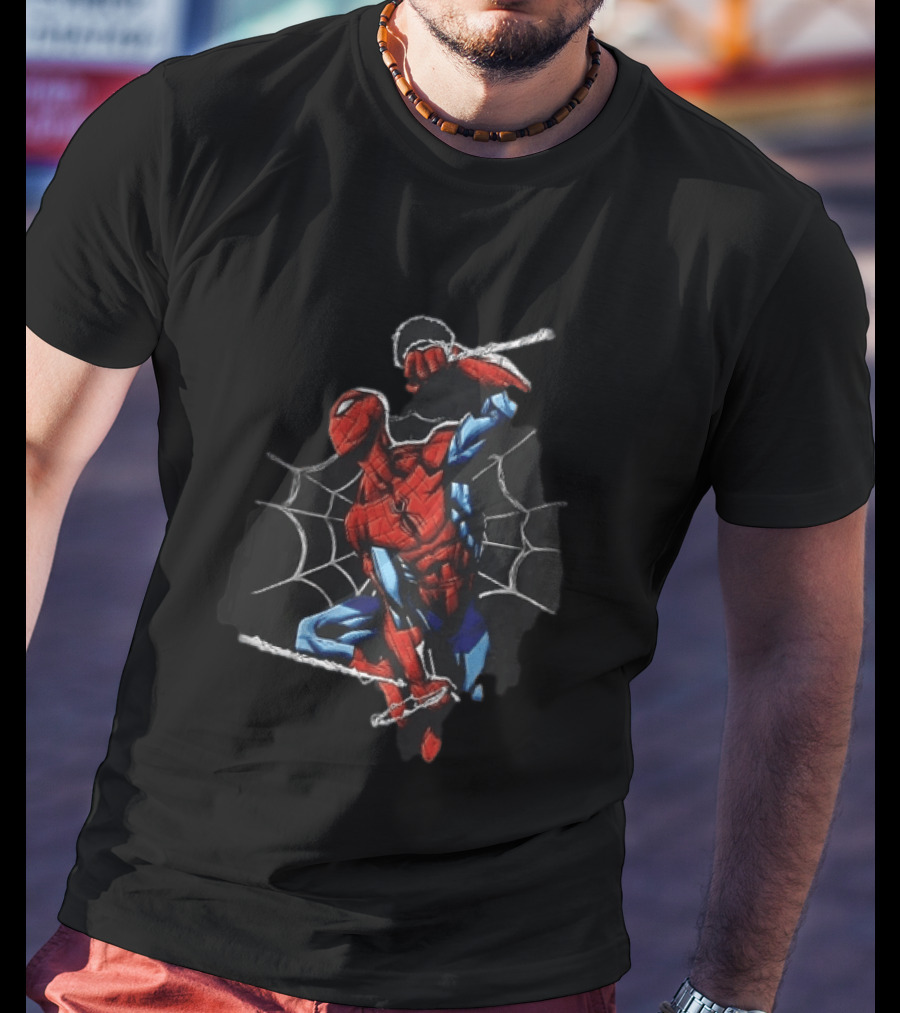 Spider Man Web Swinging Pose Comic Book Line Art Classic Marvel Superhero T-Shirt