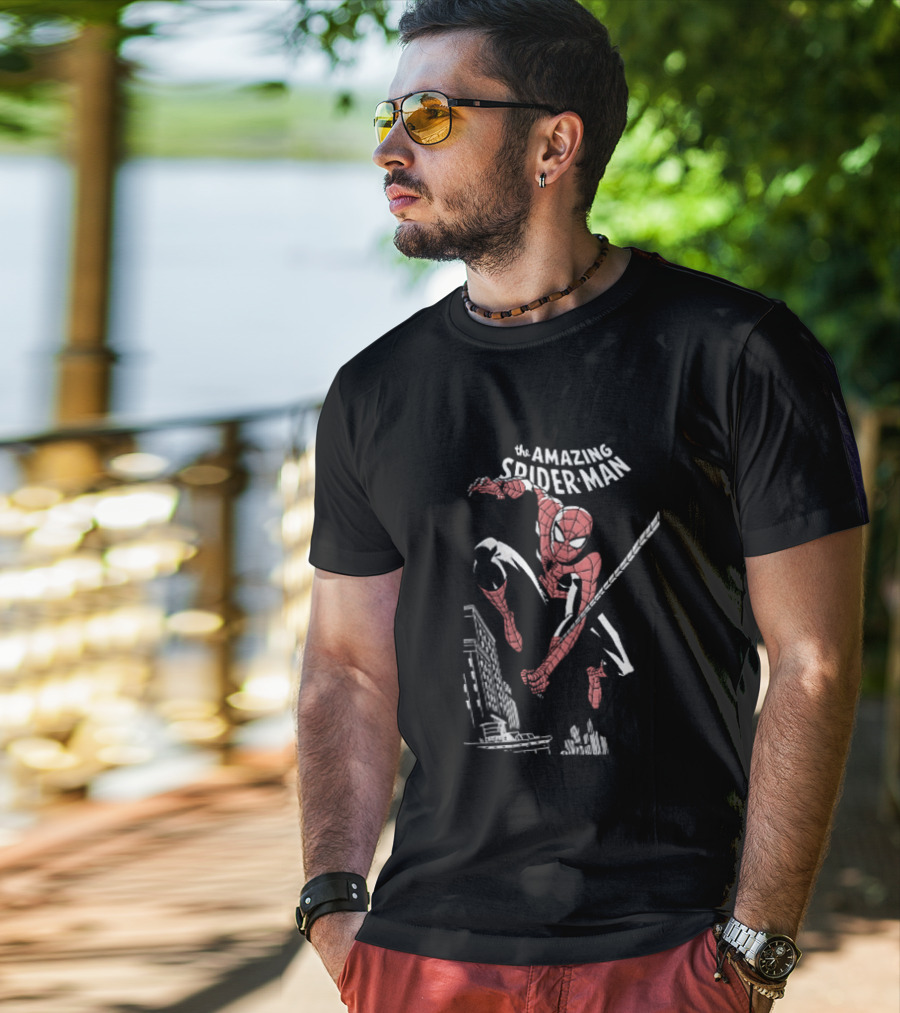 The Amazing Spider Man Swinging Above City Skyline T-Shirt