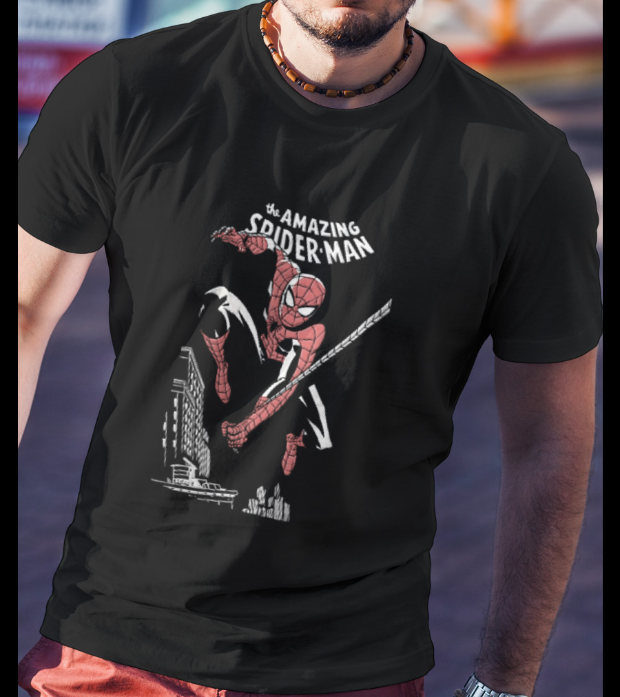 The Amazing Spider Man Swinging Above City Skyline T-Shirt