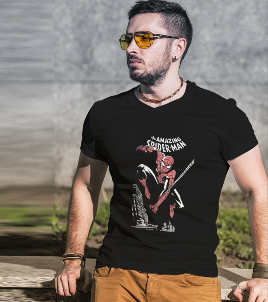 The Amazing Spider Man Swinging Above City Skyline T-Shirt
