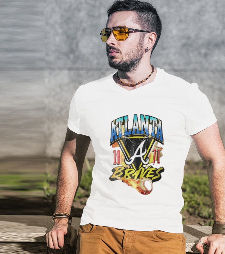 Atlanta Braves 1871 Vintage Flaming Baseball Lightning Triangle T-Shirt