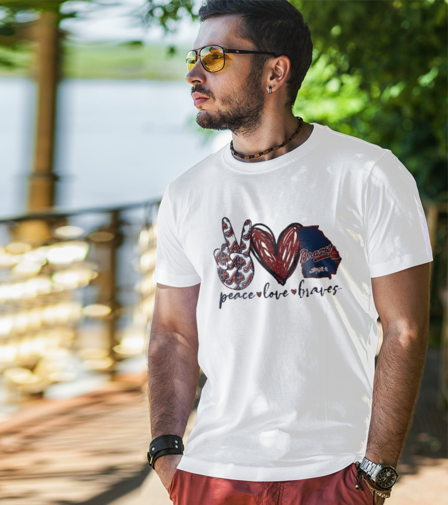 Peace Love Braves Hand Red Glitter Heart Georgia Map T-Shirt