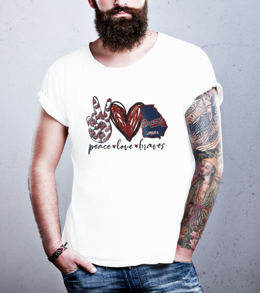 Peace Love Braves Hand Red Glitter Heart Georgia Map T-Shirt