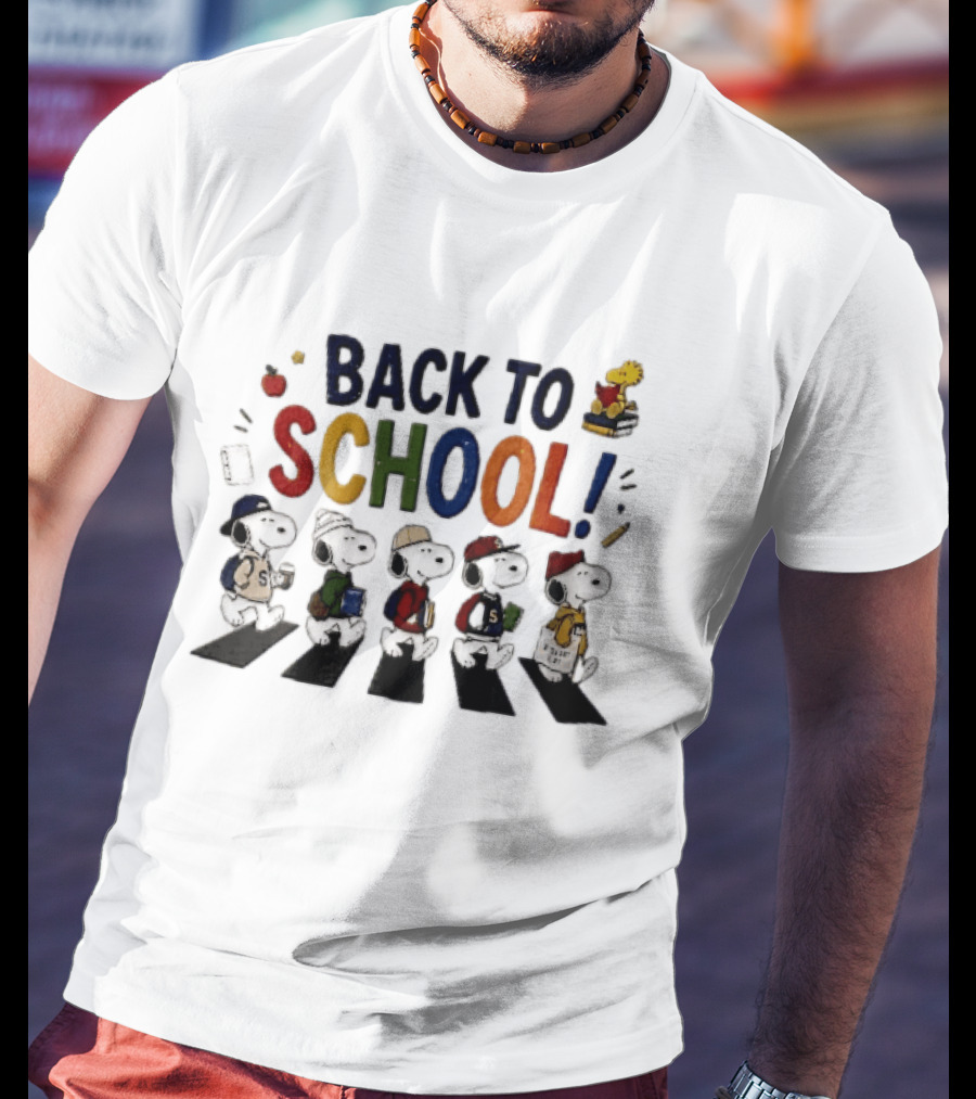 Back To School Snoopy Characters Walking Abbey Road With Woodstock Books T-Shirt
