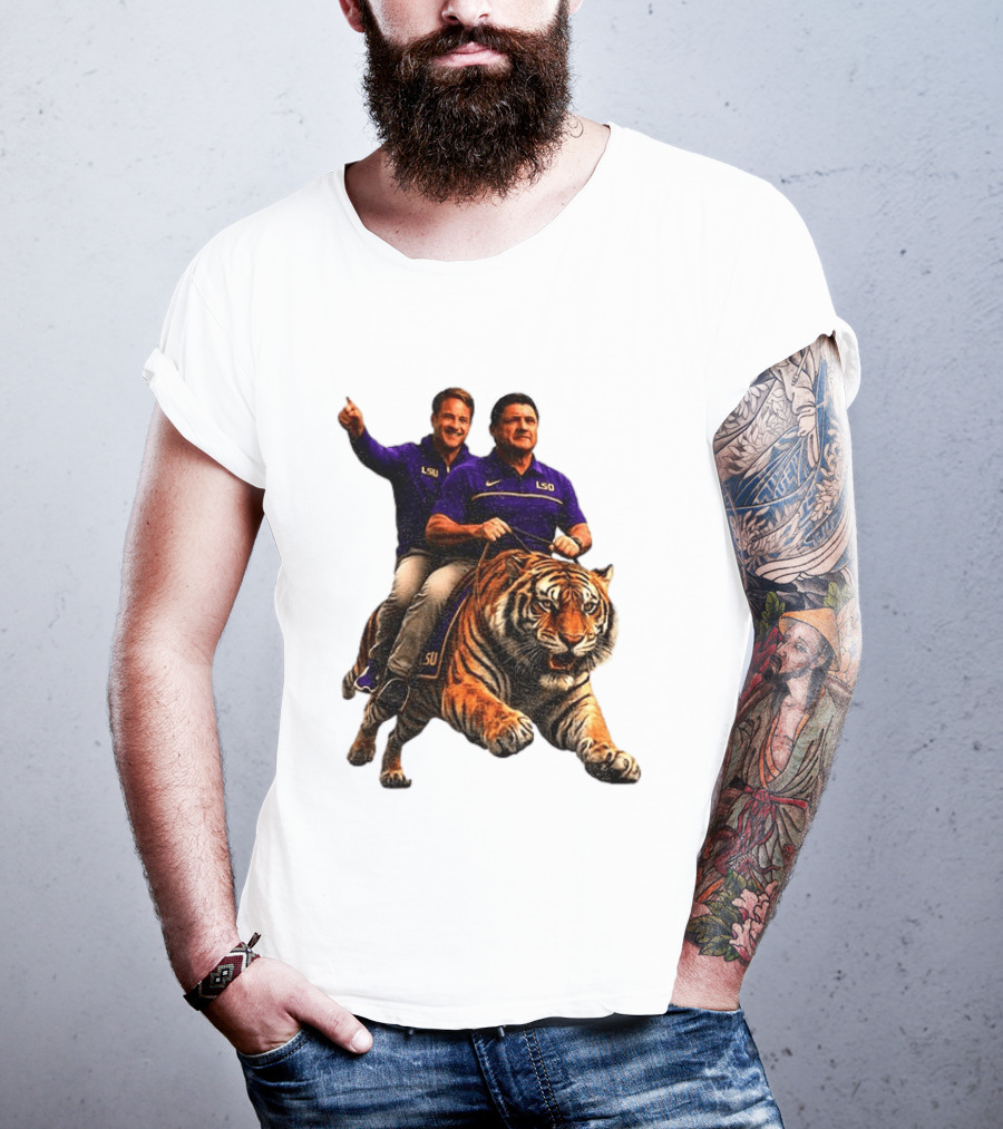 Bayou Brothers Tiger Riding LSU Coach Ed Orgeron Vs Kim Mulkey T-Shirt