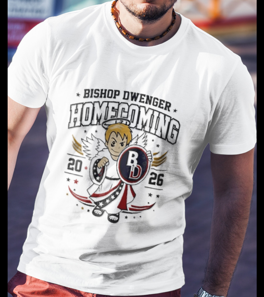 Bishop Dwenger Homecoming 2026 Cartoon Angel Holding Shield Stars 2023 T-Shirt
