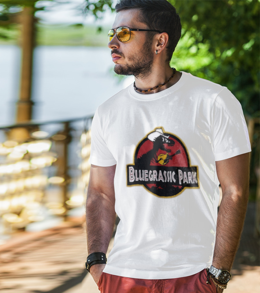 Bluegrassic Park Dinosaur Playing Mandolin Cowboy Hat Jurassic T-Shirt