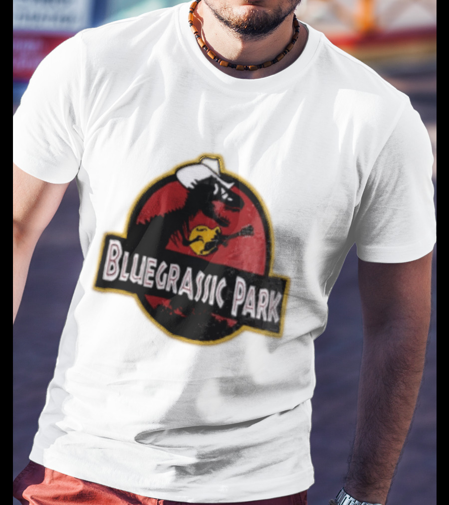 Bluegrassic Park Dinosaur Playing Mandolin Cowboy Hat Jurassic T-Shirt