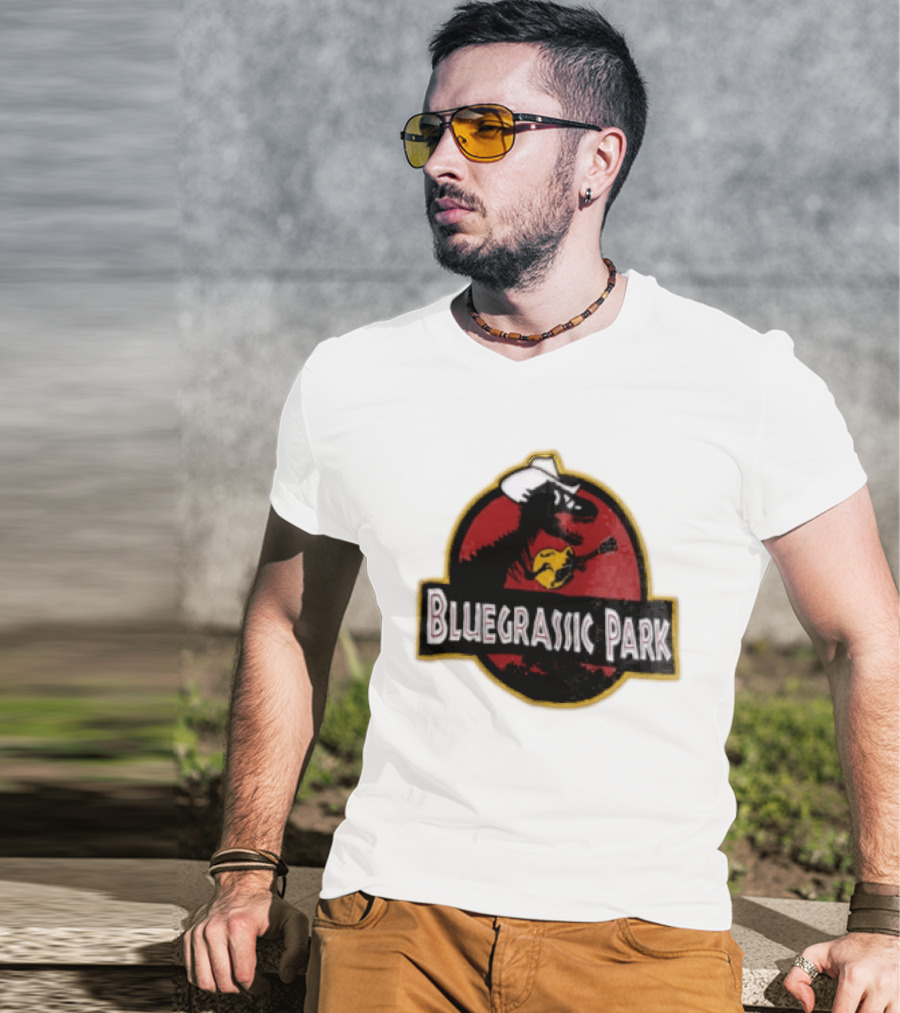 Bluegrassic Park Dinosaur Playing Mandolin Cowboy Hat Jurassic T-Shirt