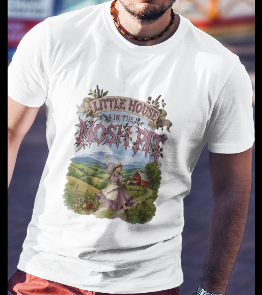 Little House In The Mosh Pit Pioneer Girl Screaming Pitchfork Red Barn Farm Country Scene T-Shirt