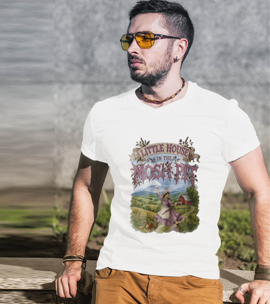 Little House In The Mosh Pit Pioneer Girl Screaming Pitchfork Red Barn Farm Country Scene T-Shirt
