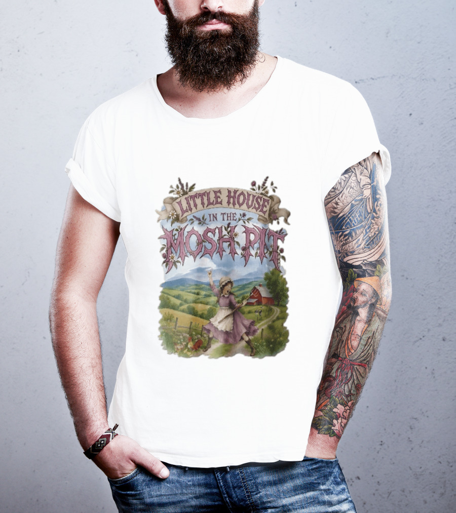 Little House In The Mosh Pit Pioneer Girl Screaming Pitchfork Red Barn Farm Country Scene T-Shirt