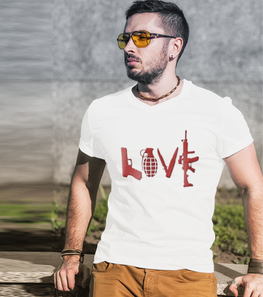 Love Red Pistol Grenade Knife Assault Rifle Weapons T-Shirt